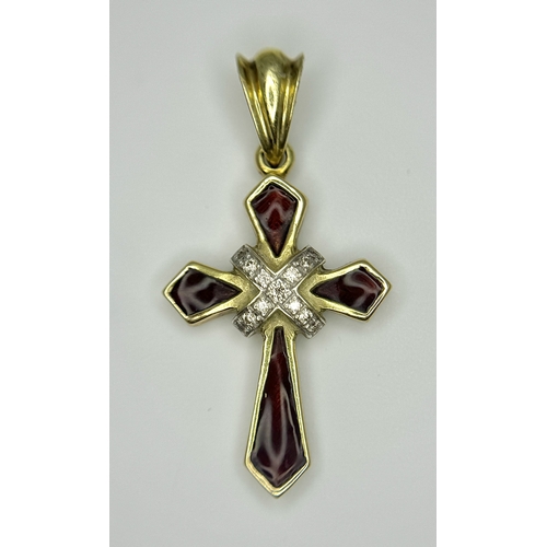 163 - A 14K Yellow Gold, Diamond and Garnet Cross Pendant. 3cm. 2.9g. Ref: 13/61405