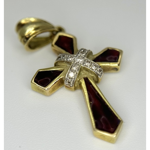163 - A 14K Yellow Gold, Diamond and Garnet Cross Pendant. 3cm. 2.9g. Ref: 13/61405
