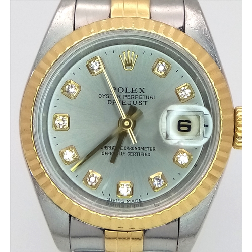 6 - A Rolex Bi-Metal Diamond Ladies Automatic Datejust Watch. Model 79173. Gold and stainless steel brac... 