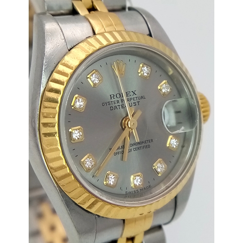6 - A Rolex Bi-Metal Diamond Ladies Automatic Datejust Watch. Model 79173. Gold and stainless steel brac... 