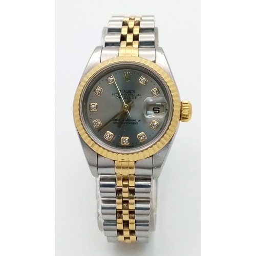 6 - A Rolex Bi-Metal Diamond Ladies Automatic Datejust Watch. Model 79173. Gold and stainless steel brac... 