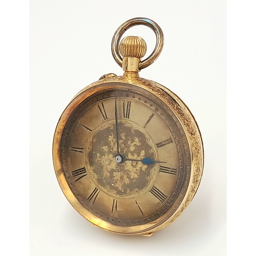 81 - AN EARLY 20TH CENTURY 18K GOLD FRENCH LADIES POCKET WATCH WITH HAND CHASED CASE AND ORNATE FLORAL DE... 