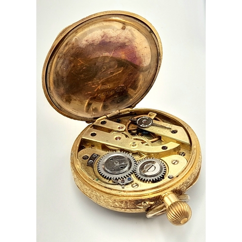 81 - AN EARLY 20TH CENTURY 18K GOLD FRENCH LADIES POCKET WATCH WITH HAND CHASED CASE AND ORNATE FLORAL DE... 
