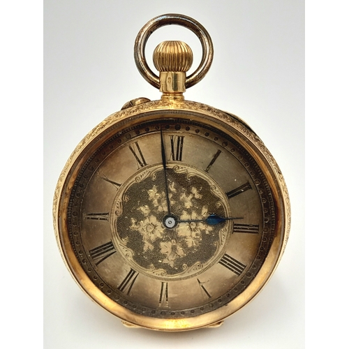 81 - AN EARLY 20TH CENTURY 18K GOLD FRENCH LADIES POCKET WATCH WITH HAND CHASED CASE AND ORNATE FLORAL DE... 