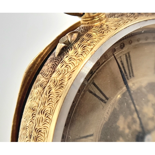 81 - AN EARLY 20TH CENTURY 18K GOLD FRENCH LADIES POCKET WATCH WITH HAND CHASED CASE AND ORNATE FLORAL DE... 