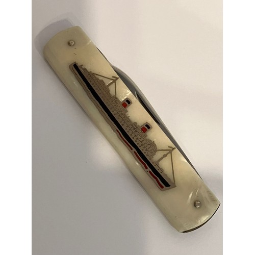 70 - Rare Vintage  ‘R.M.S. MAURETANIA’. DOUBLE BLADED PEN KNIFE. Mother of Pearl with Ship Picture to sid... 