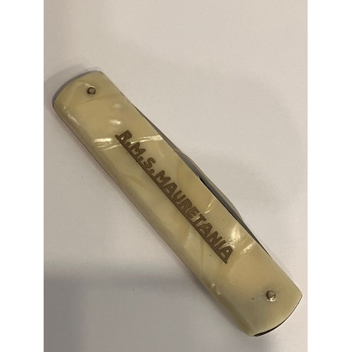 70 - Rare Vintage  ‘R.M.S. MAURETANIA’. DOUBLE BLADED PEN KNIFE. Mother of Pearl with Ship Picture to sid... 