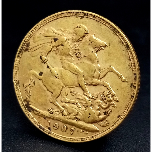 134 - A 1907 Edward VII, Full Sovereign Coin. 22K Gold.
