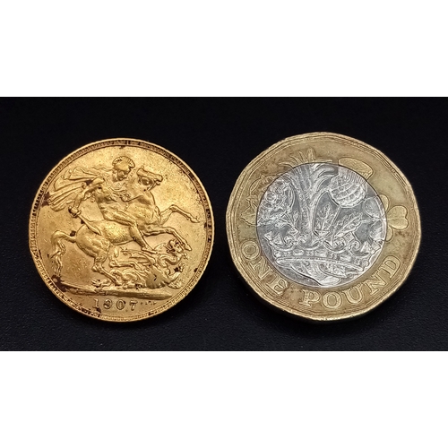 134 - A 1907 Edward VII, Full Sovereign Coin. 22K Gold.