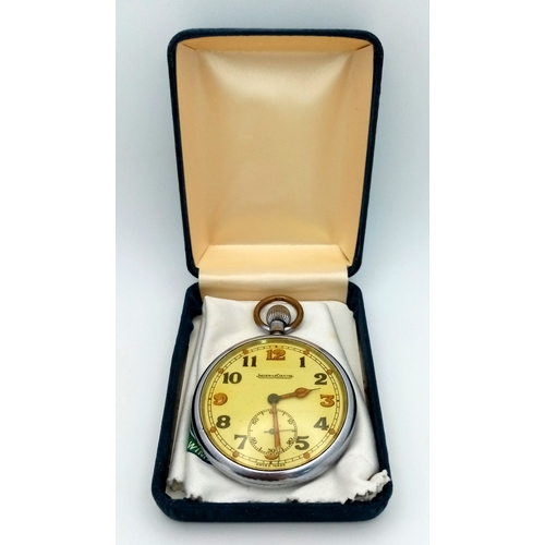 197 - A Vintage Jaeger LeCoultre G.S.T.P Military Pocket Watch. Top winder. 52mm case. Yellow dial with su... 