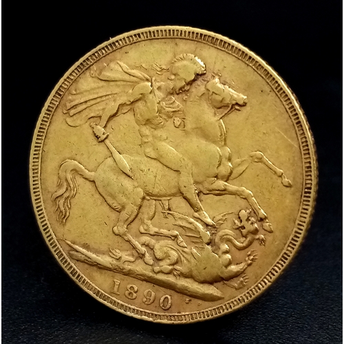 554 - An 1890 Queen Victoria Full Sovereign Coin. 22k Gold.