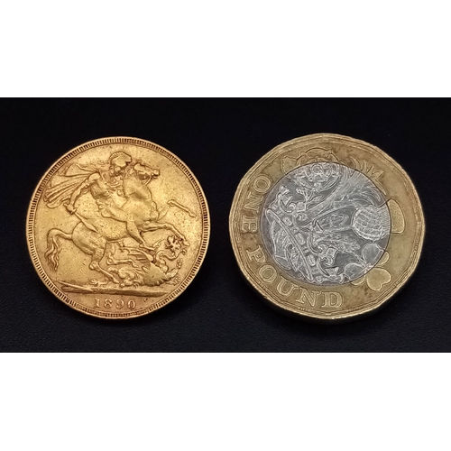 554 - An 1890 Queen Victoria Full Sovereign Coin. 22k Gold.