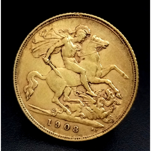 576 - A 1908 Edward VII Half Sovereign Coin. 22K Gold.