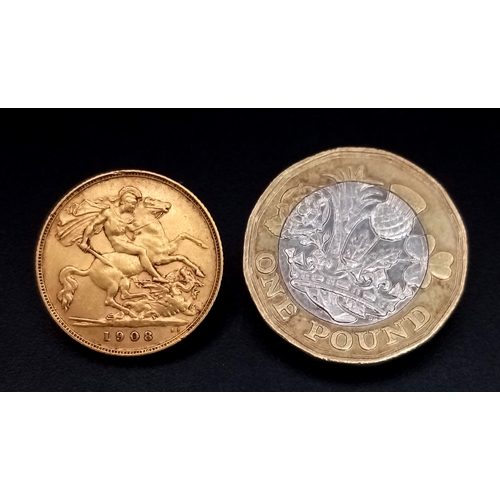 576 - A 1908 Edward VII Half Sovereign Coin. 22K Gold.
