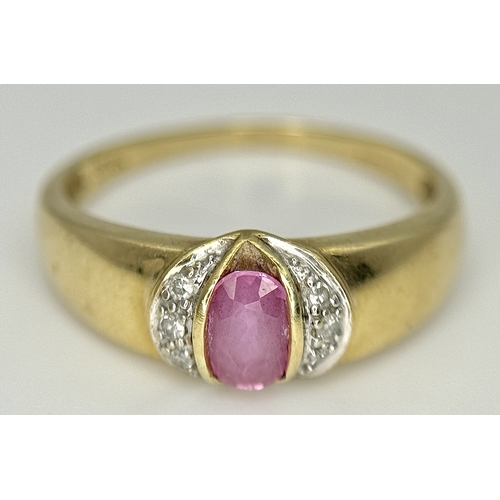 582 - A 9K Yellow Gold Pink Stone and Diamond Ring. Size P 1/2. 2.93g