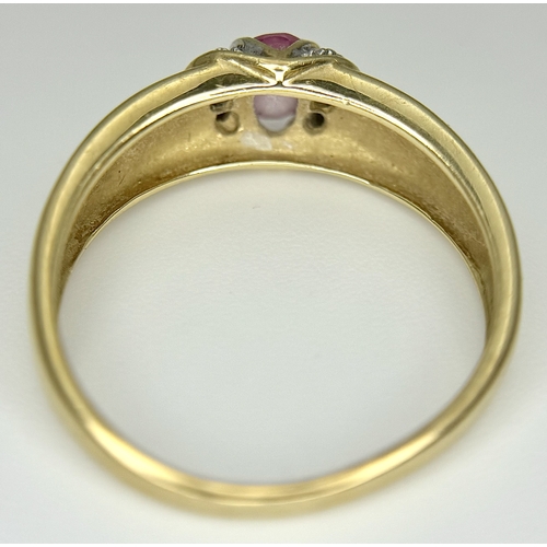 582 - A 9K Yellow Gold Pink Stone and Diamond Ring. Size P 1/2. 2.93g