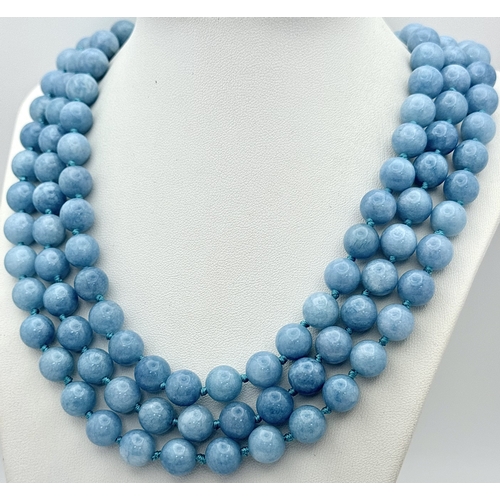 240 - A Three Row Aquamarine Beaded Necklace. 10mm beads. 42-46cm necklace length.