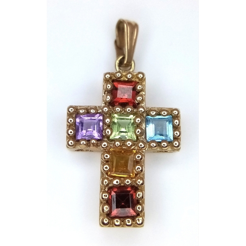 577 - A 10K Yellow Gold Multi Gem-set Cross Pendant. 2.5cm. 1.5g.