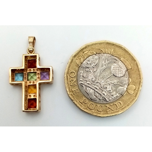 577 - A 10K Yellow Gold Multi Gem-set Cross Pendant. 2.5cm. 1.5g.