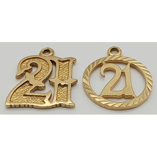 211 - Two 9K Yellow Gold '21' Pendants. 1.78g total weight.