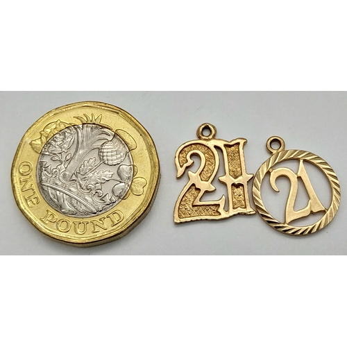 211 - Two 9K Yellow Gold '21' Pendants. 1.78g total weight.