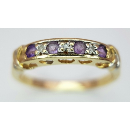 542 - A 9k yellow gold diamond and amethyst ring, 0.03ct diamond weight, 0.14ct amethyst weight, 2.6g tota... 