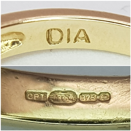 542 - A 9k yellow gold diamond and amethyst ring, 0.03ct diamond weight, 0.14ct amethyst weight, 2.6g tota... 