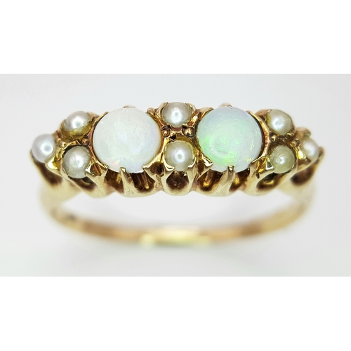 556 - A 14k yellow gold Opal and Pearl ring, 8x1cm pearls, 2x4cm opals, 2.9g total weight, ring size L. 89... 