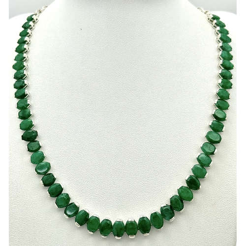 596 - An Emerald Gemstone Necklace Set in 925 silver with links for adjustment. 42cm. Cd-1935
