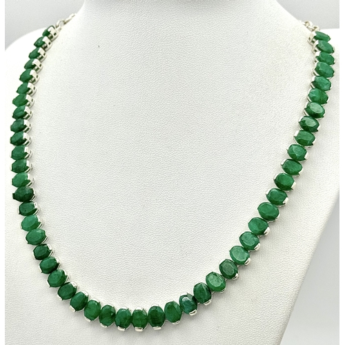 596 - An Emerald Gemstone Necklace Set in 925 silver with links for adjustment. 42cm. Cd-1935