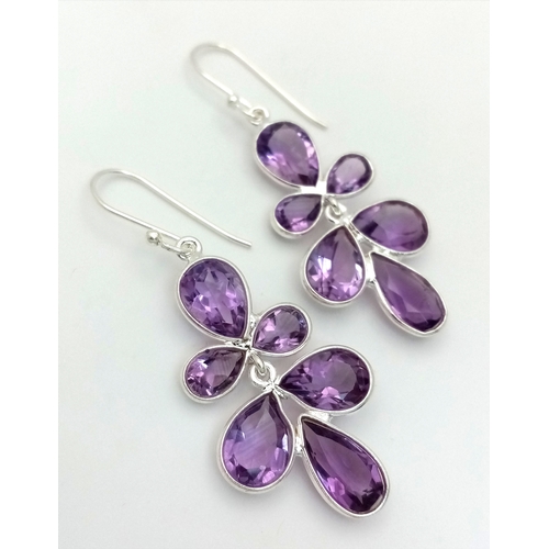 603 - A Pair of Amethyst Gemstone Drop Earrings. 4cm drop set in 925 Silver. CD-1950