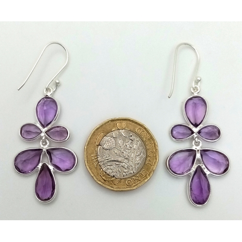 603 - A Pair of Amethyst Gemstone Drop Earrings. 4cm drop set in 925 Silver. CD-1950