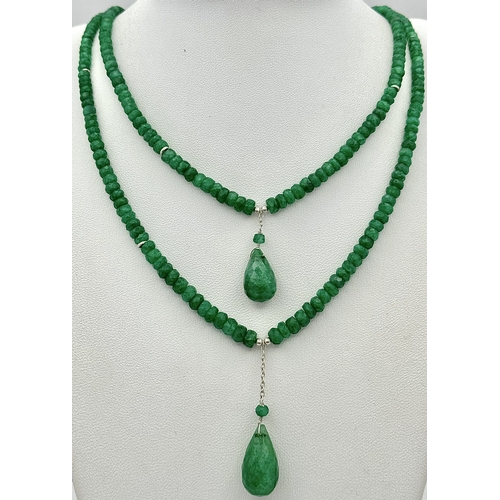 757 - A Two Strand Emerald Gemstone Necklace With Pear Cut Drops. 925 Silver clasp. 42-44cm. CD-1936.