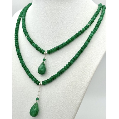 757 - A Two Strand Emerald Gemstone Necklace With Pear Cut Drops. 925 Silver clasp. 42-44cm. CD-1936.