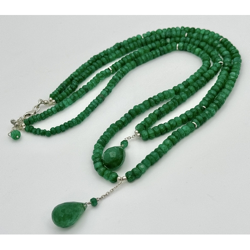 757 - A Two Strand Emerald Gemstone Necklace With Pear Cut Drops. 925 Silver clasp. 42-44cm. CD-1936.