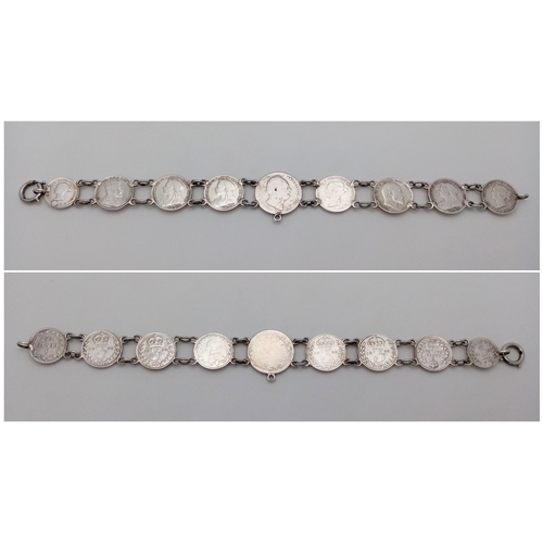 907 - A vintage silver British coin link bracelet. Total weight 16.3G. Total length 20cm.