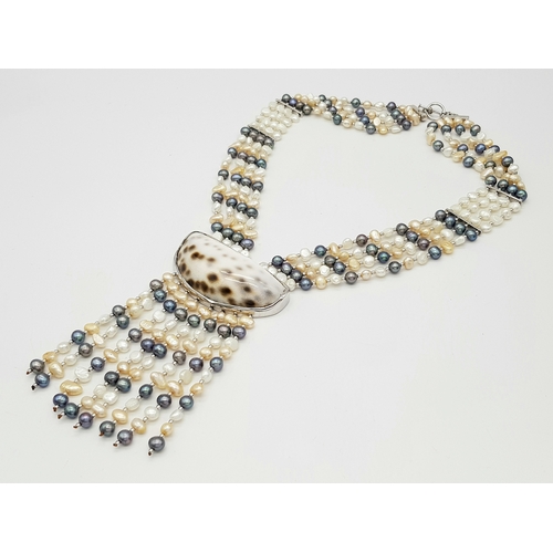 977 - A gorgeous 925 silver Natural Shell and Pearls multi-strand T-bar necklace. Total weight 132.5G. Tot... 
