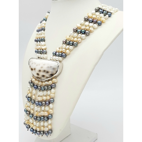 977 - A gorgeous 925 silver Natural Shell and Pearls multi-strand T-bar necklace. Total weight 132.5G. Tot... 