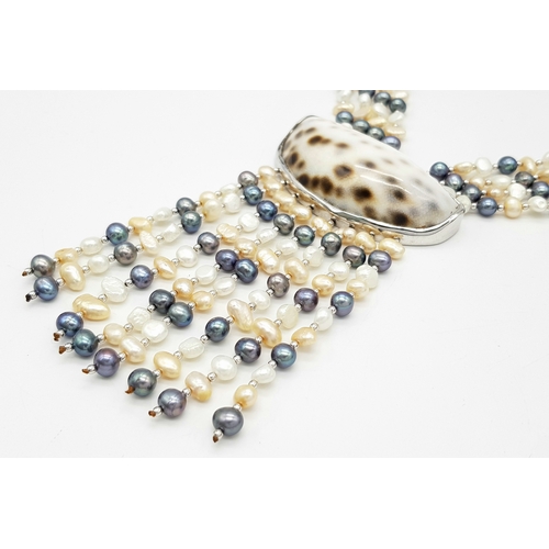 977 - A gorgeous 925 silver Natural Shell and Pearls multi-strand T-bar necklace. Total weight 132.5G. Tot... 