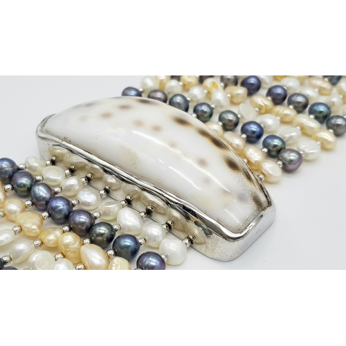 977 - A gorgeous 925 silver Natural Shell and Pearls multi-strand T-bar necklace. Total weight 132.5G. Tot... 