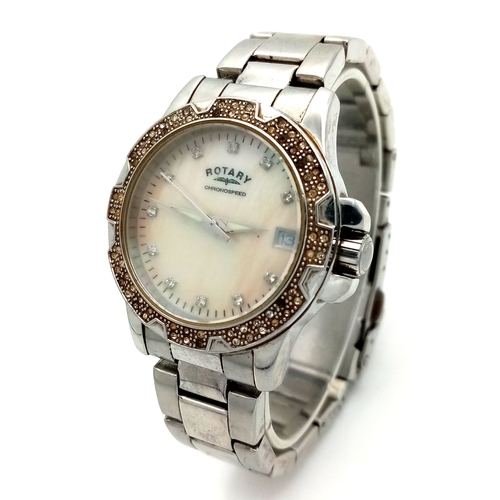 1004 - ROTARY STEEL STONE SET BRACELET WATCH WITH DATE FUNCTION AND MOTHER OF PEARL DIAL. IN FULL WORKING O... 