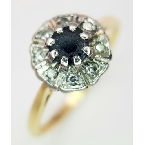 145 - A STUNNING 18K YELLOW GOLD VINTAGE DIAMOND AND SAPPHIRE RING. TOTAL WEIGHT 3.3G. SIZE P. SC 9051
