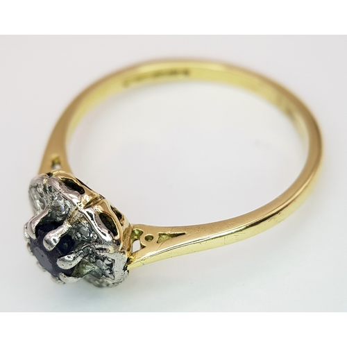 145 - A STUNNING 18K YELLOW GOLD VINTAGE DIAMOND AND SAPPHIRE RING. TOTAL WEIGHT 3.3G. SIZE P. SC 9051