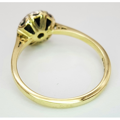 145 - A STUNNING 18K YELLOW GOLD VINTAGE DIAMOND AND SAPPHIRE RING. TOTAL WEIGHT 3.3G. SIZE P. SC 9051
