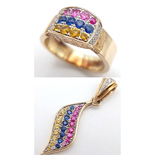 157 - A Matching 14K Yellow Gold, Multi-Gemstone Ring and Pendant Set. Citrines, rubies, sapphires and dia... 