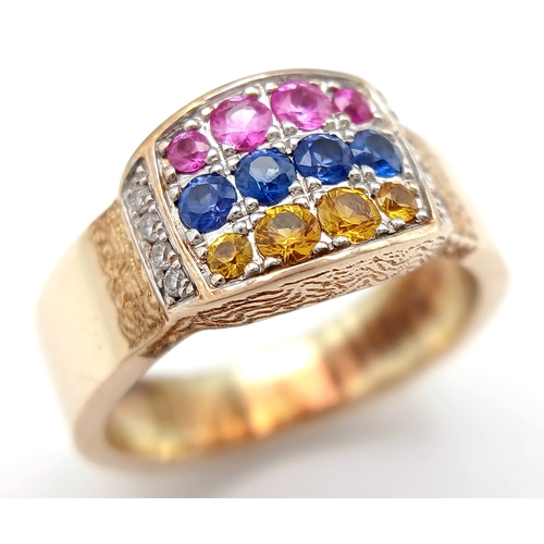 157 - A Matching 14K Yellow Gold, Multi-Gemstone Ring and Pendant Set. Citrines, rubies, sapphires and dia... 