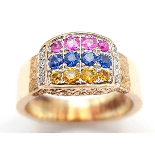157 - A Matching 14K Yellow Gold, Multi-Gemstone Ring and Pendant Set. Citrines, rubies, sapphires and dia... 