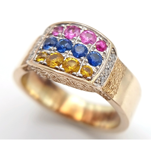 157 - A Matching 14K Yellow Gold, Multi-Gemstone Ring and Pendant Set. Citrines, rubies, sapphires and dia... 