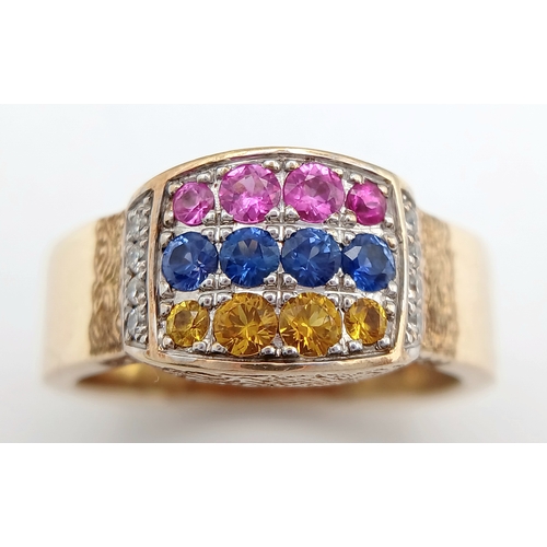 157 - A Matching 14K Yellow Gold, Multi-Gemstone Ring and Pendant Set. Citrines, rubies, sapphires and dia... 