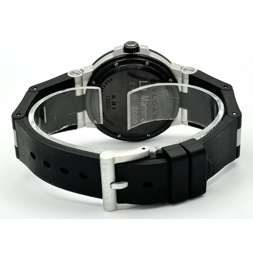 158 - WITHDRAWN- A BVLGARI 'LA MAMMA' SWISS AUTOMATIC ALUMINIUM AND RUBBER STRAP GENTS WATCH. MODEL AL38A.... 